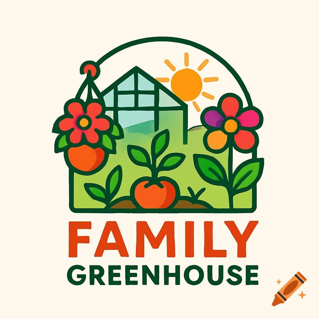 Cartoon logo for Family Greenhouse featuring a greenhouse, sun, plants, and flowers.