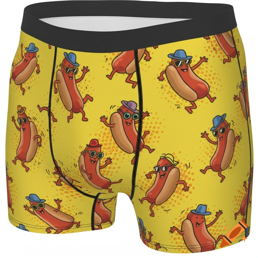 Yellow boxers with cartoon pattern of dancing hot dogs wearing hats and sunglasses