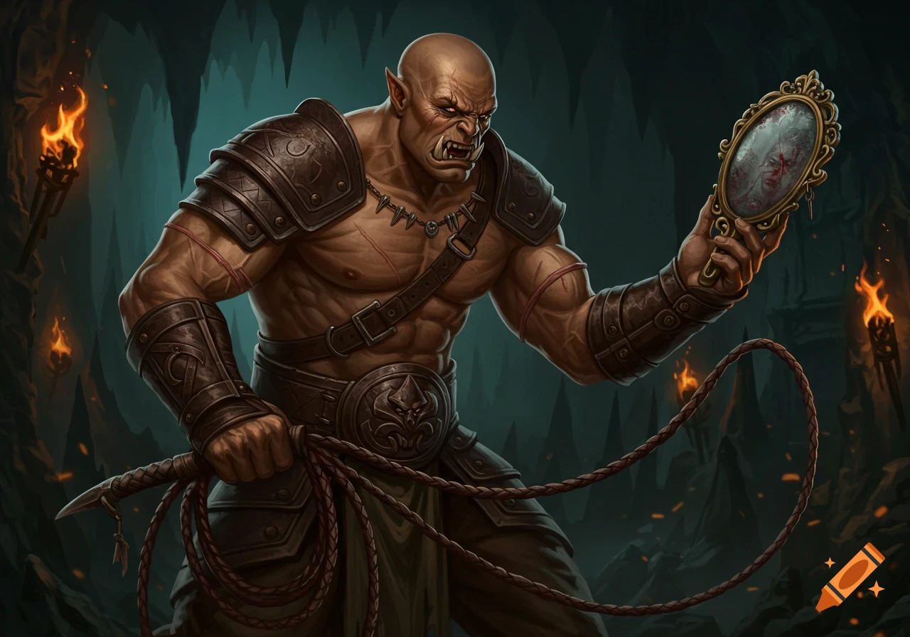 Bald orc male in leather armor holds a whip and a mirror showing a bloody face reflection in a cave with torches.
