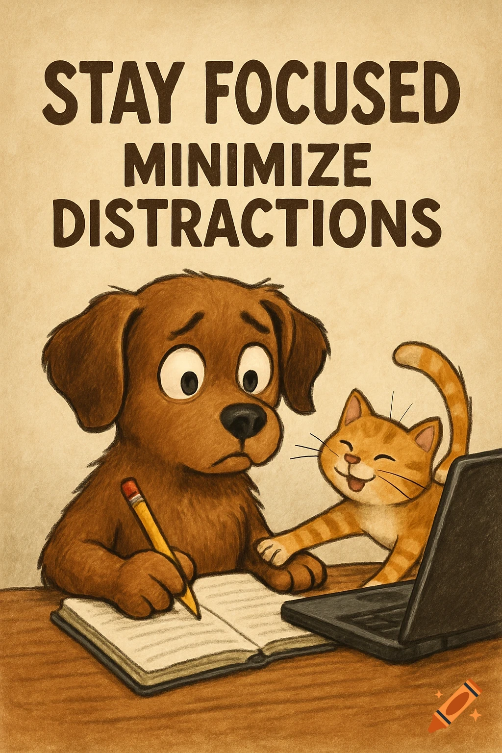 Cartoon dog studying at a desk with a cat distracting it. Text: STAY FOCUSED MINIMIZE DISTRACTIONS.