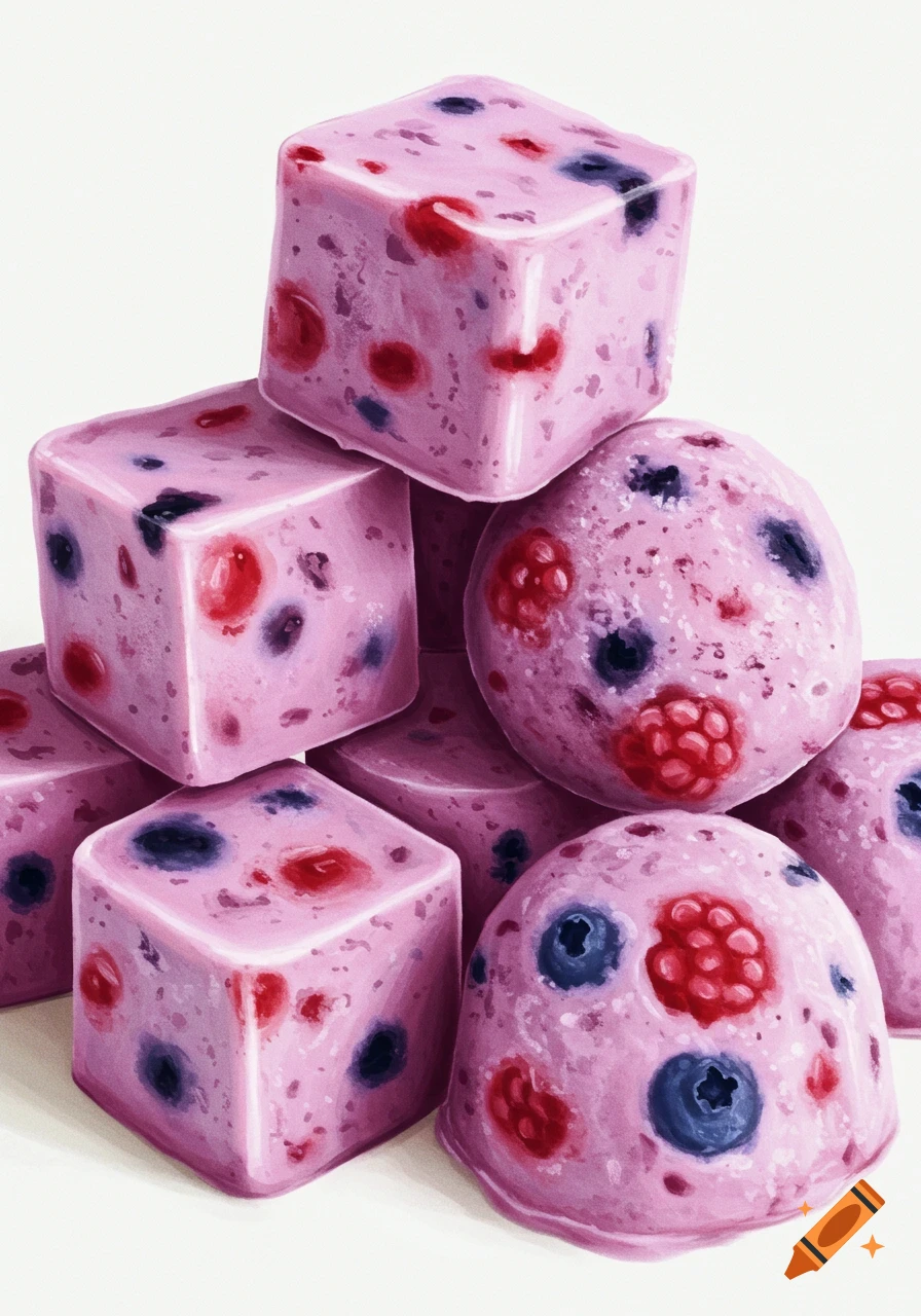 A pile of pink frozen yogurt bites mixed with blueberries and raspberries, some square, some round.