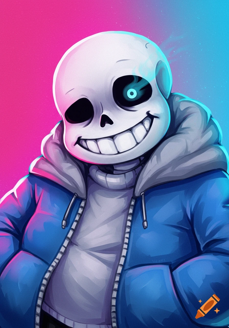 Close-up digital portrait of Sans from Undertale, a skeleton wearing a blue hooded jacket, smiling with a glowing blue eye against a pink and blue background.