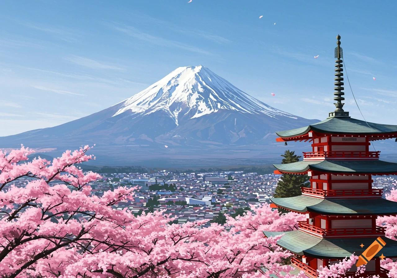 Mount Fuji and a red pagoda temple behind pink cherry blossoms overlooking a Japanese town.