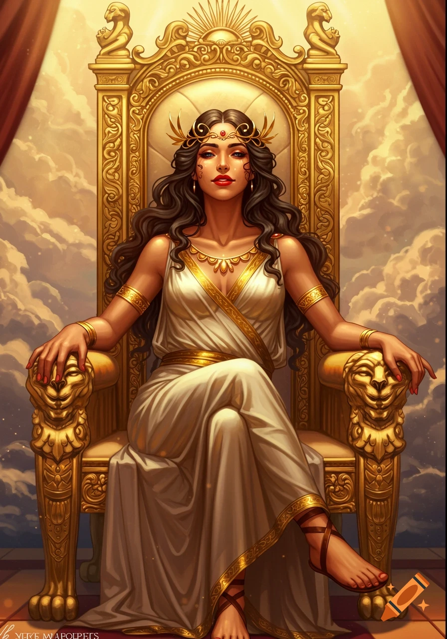 Illustration of a beautiful goddess with dark hair and red lips, sitting on a golden throne.