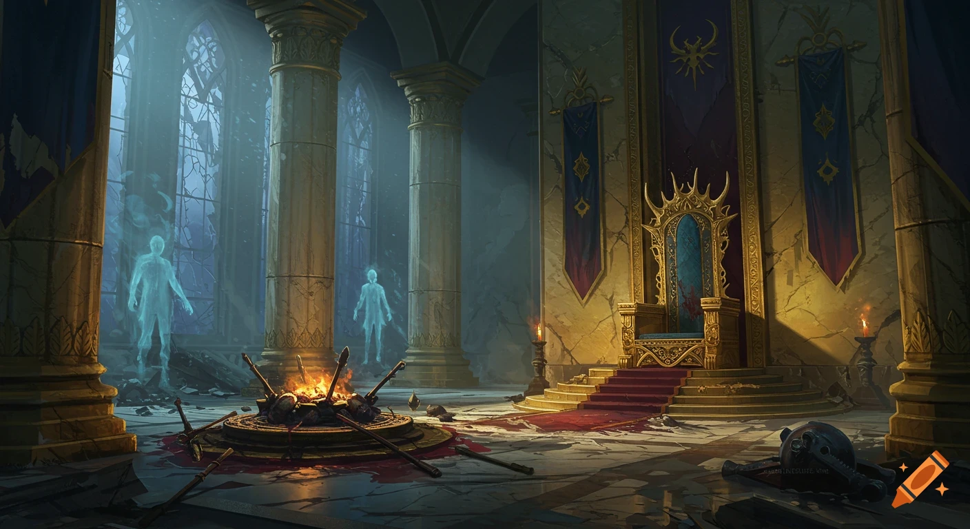 A fantasy throne room with ghosts, a blood-stained ritual fire pit, and a golden throne under dramatic lighting.
