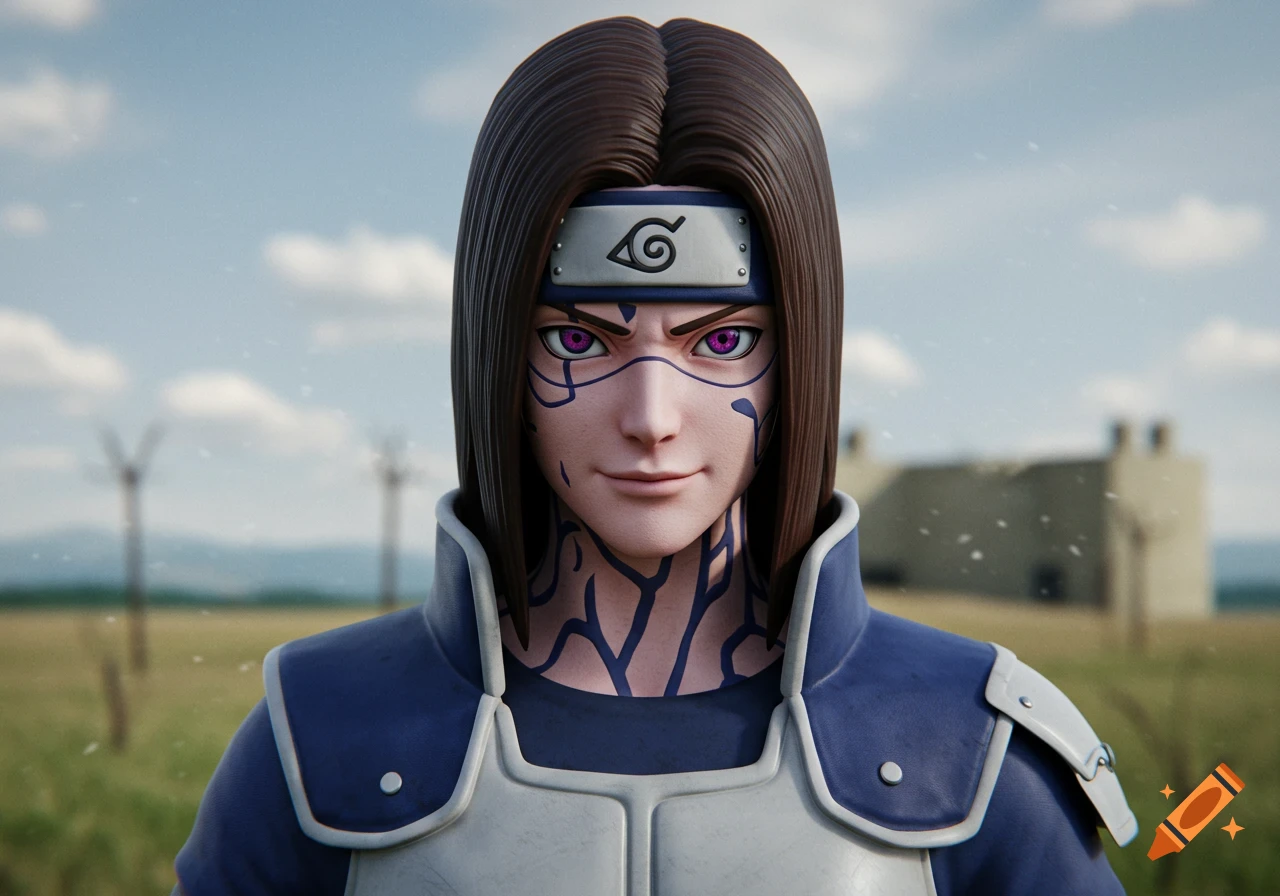 Hyperrealistic portrait of a character resembling Neji from Naruto, with purple eyes and markings, wearing ninja armor.