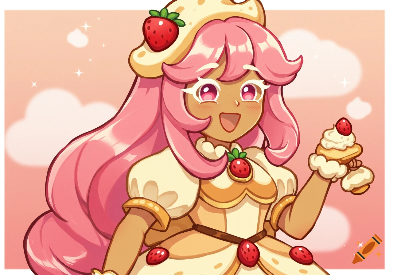 Cartoon girl with pink hair dressed like strawberry cheesecake holding a dessert, anime style