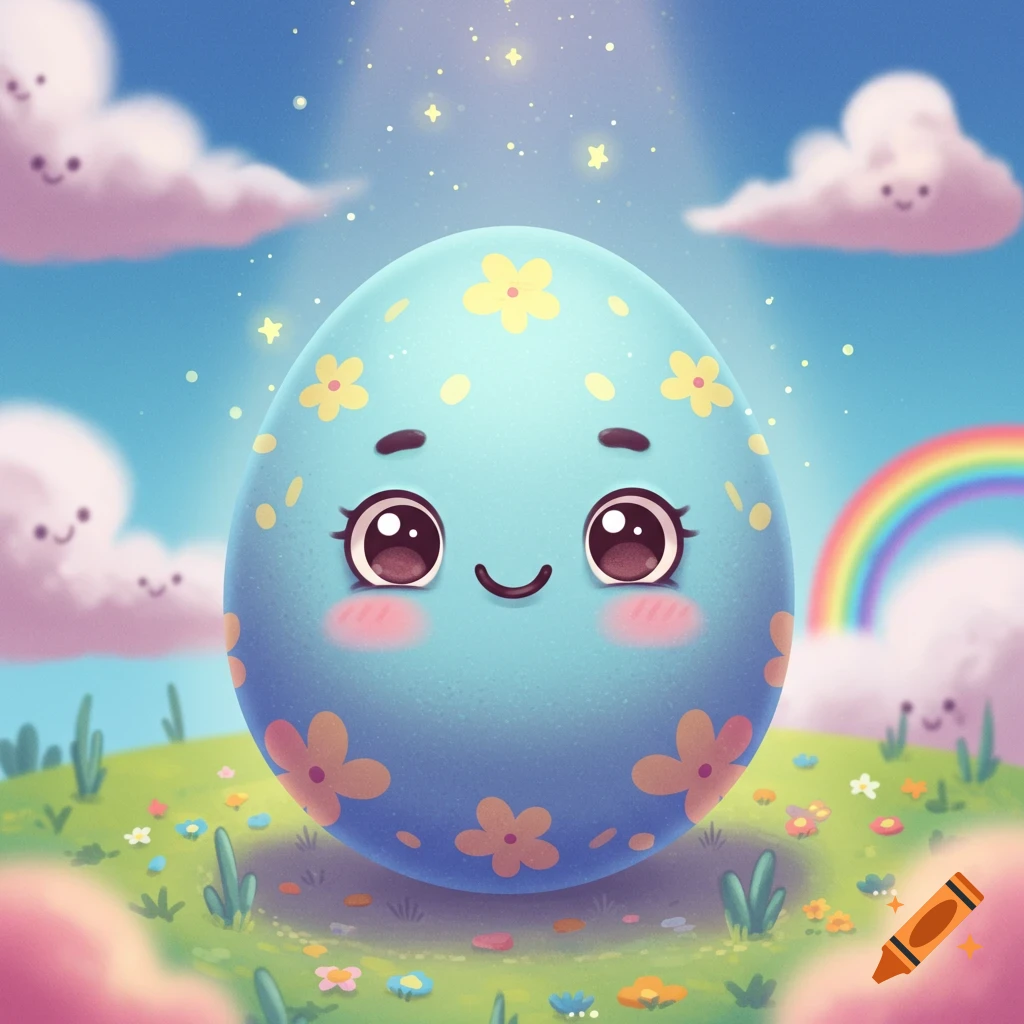 A cute cartoon Easter egg with a face, flowers, and blushing cheeks sits in a field under a sunny sky with rainbow and smiling clouds.