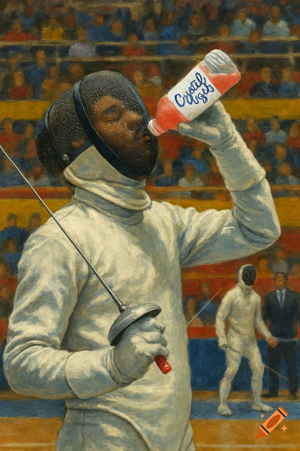 A fencer in uniform and mask drinks from a bottle during a match, with a crowd in the background.