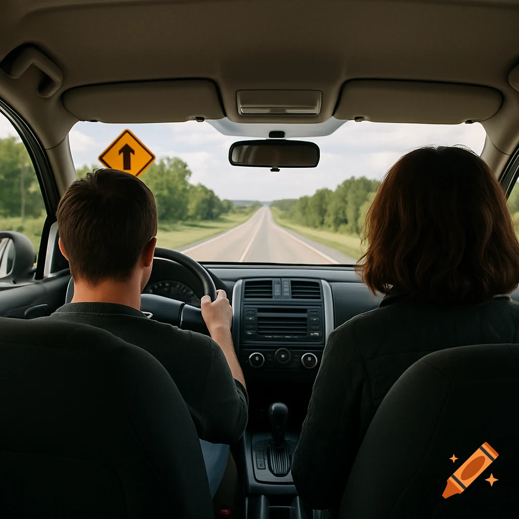 View from the back of a car with two people in the front seats driving down a road, a yellow arrow sign visible.
