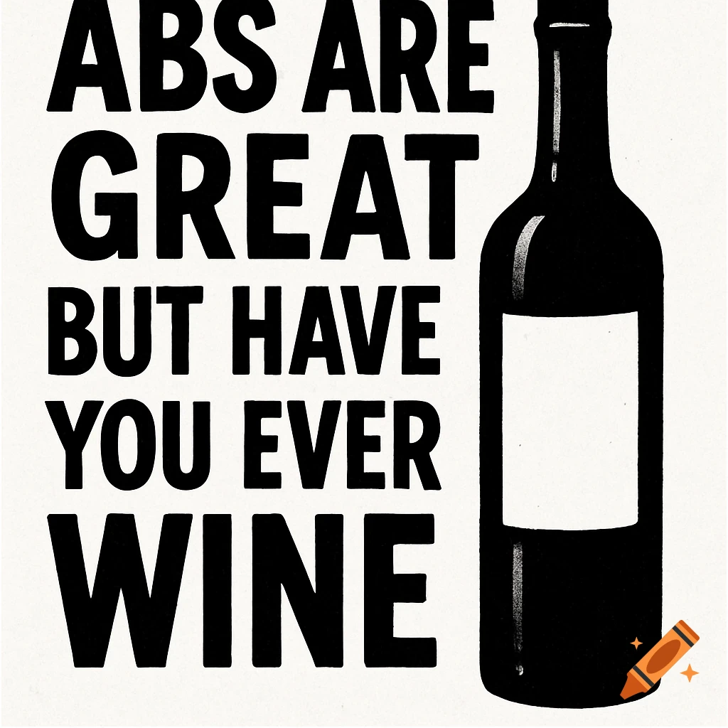 Black and white text reads 'ABS ARE GREAT BUT HAVE YOU EVER WINE' next to a bottle of wine.