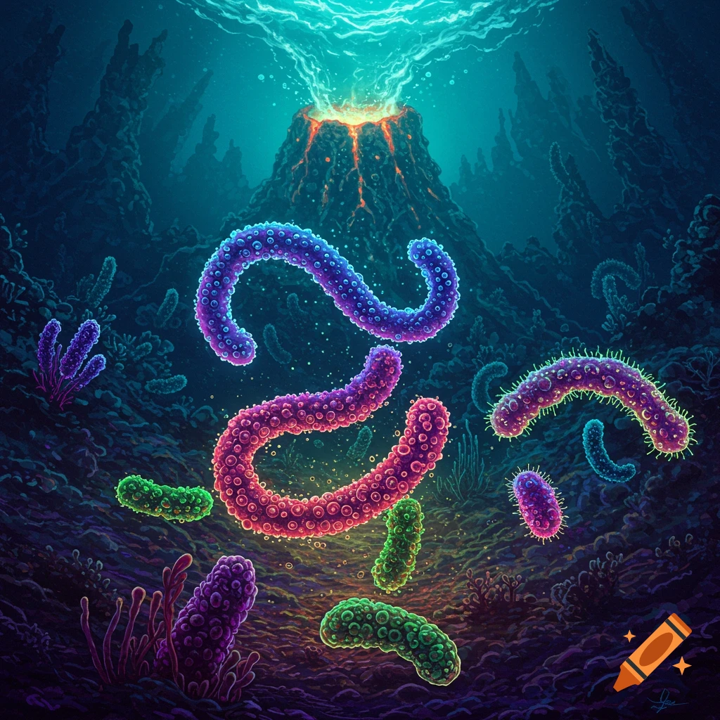 Illustrative scene of glowing, colorful bacteria near an underwater volcanic vent.