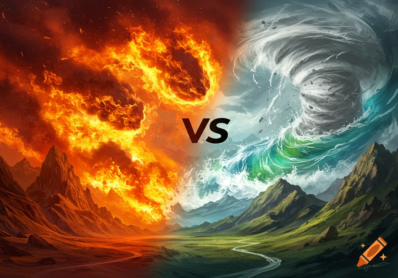 A landscape split between fiery mountains under a red sky and green mountains under a windy, stormy sky, with 'VS' in the center.