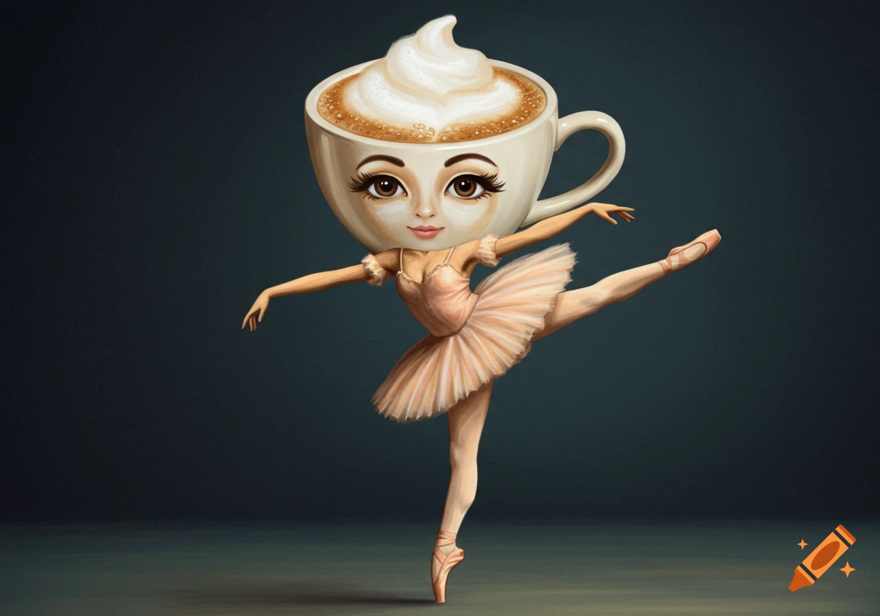 A surreal illustration of a ballerina figure with a coffee cup head balancing on pointe.