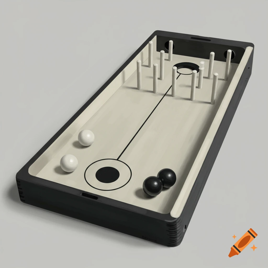 Minimalist game board with white and black balls and pegs.