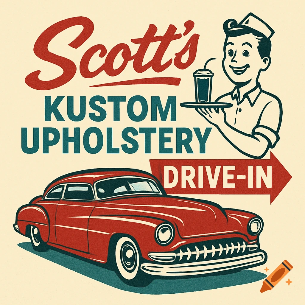 Retro illustration logo with classic red car, carhop, and text Scott's Kustom Upholstery Drive-In