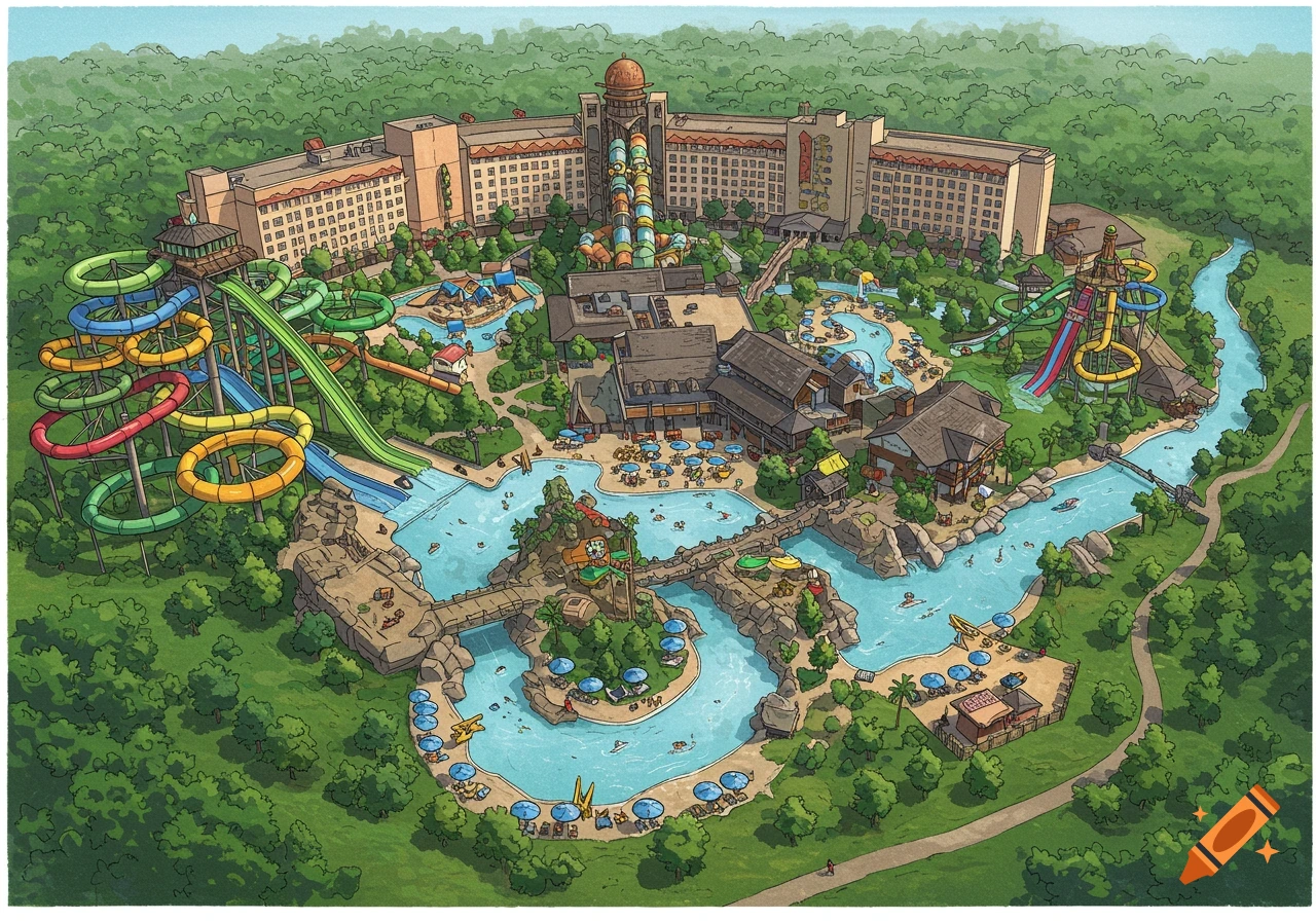 Aerial illustration of a large water park resort with multiple buildings, colorful water slides, pools, lazy rivers, and bridges surrounded by trees.
