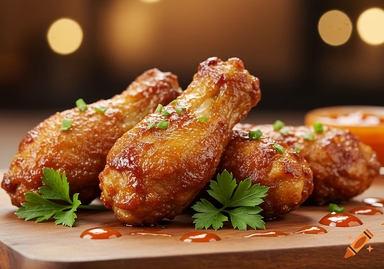 Close-up photorealistic image of glazed chicken drumsticks with parsley and sauce on a wooden board