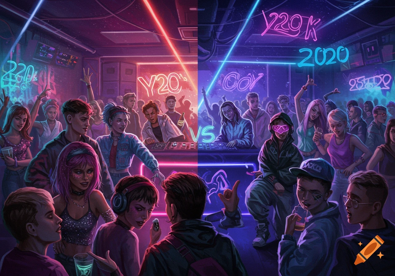 Illustration of a vibrant club scene split between Y2K (red/pink neon) and 2020 (blue/purple neon) styles, with crowd, DJs, and dancers.