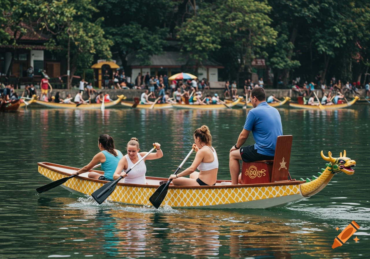 People paddling a dragon boat on a river with others watching in the background