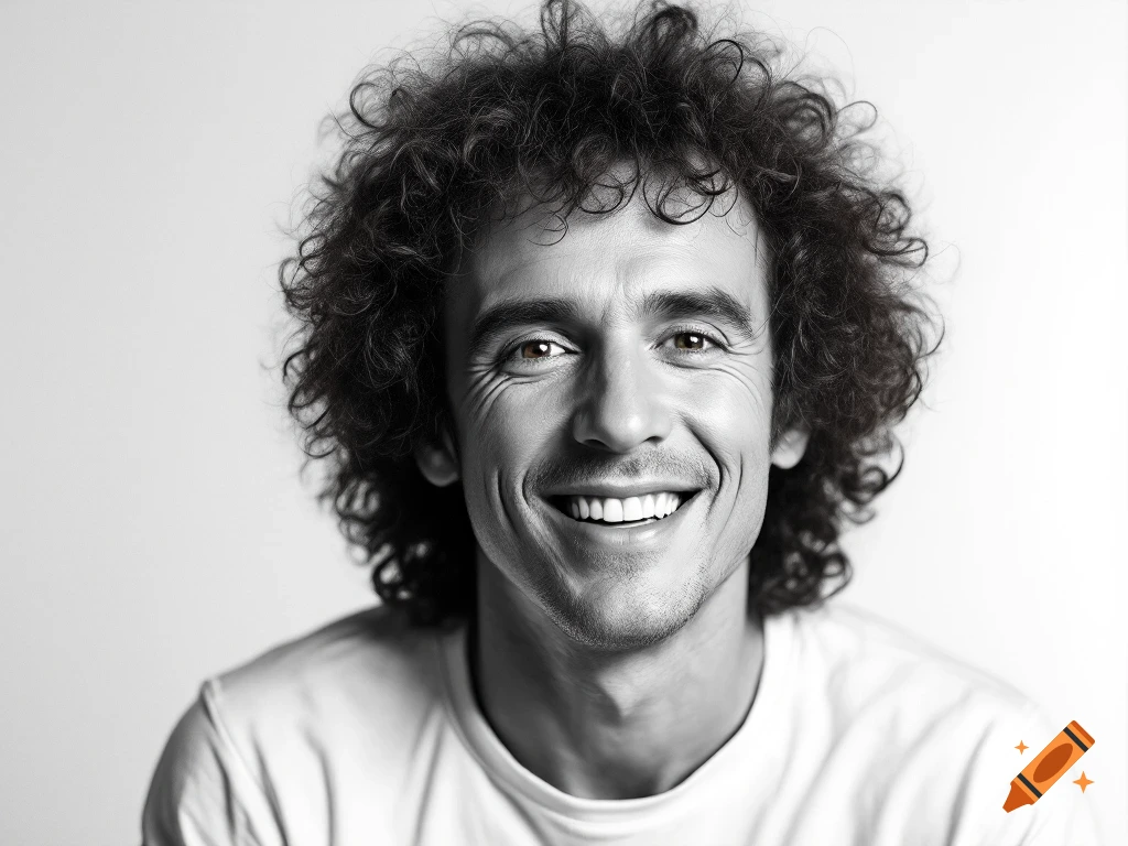 Black and white photorealistic portrait of a smiling man with curly hair.