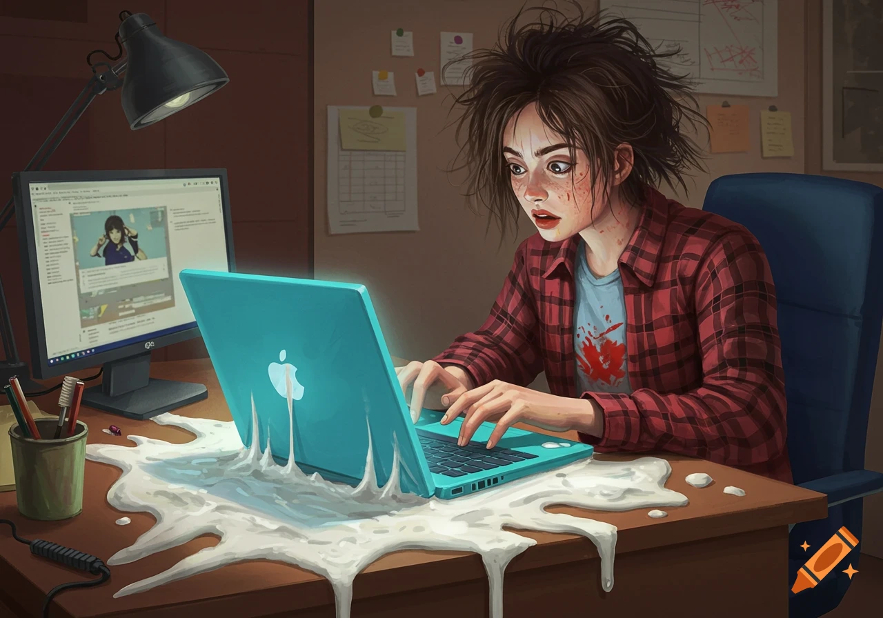 A shocked person looks at a laptop covered in white goop on a messy desk.