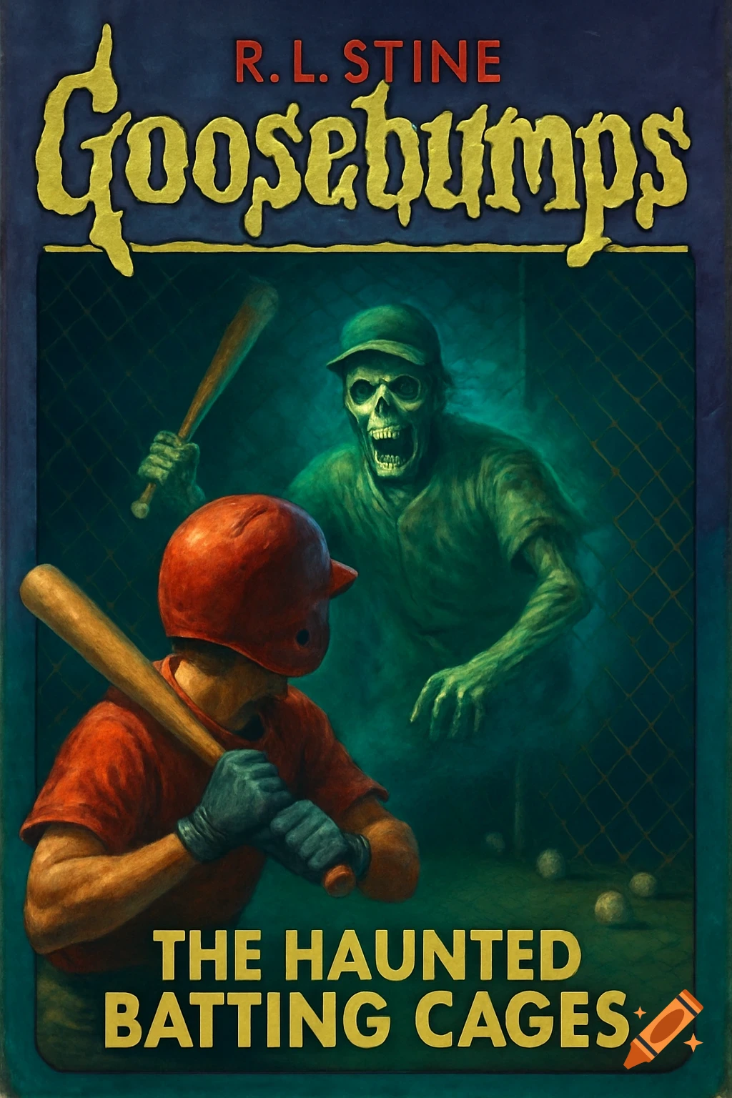A baseball player faces a zombie holding a bat in a batting cage. Horror book cover illustration style.