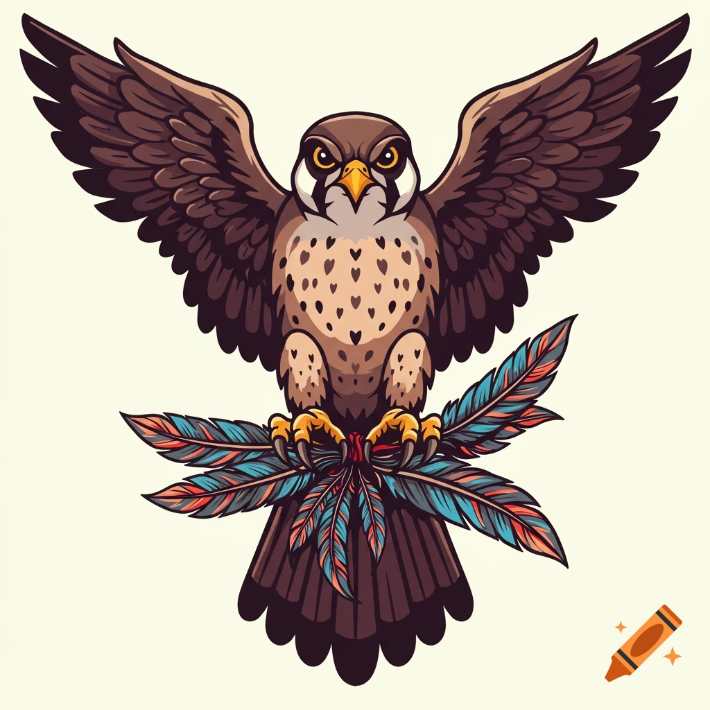 A stylized vector art illustration of a brown falcon with spread wings, clutching colorful tribal feathers.