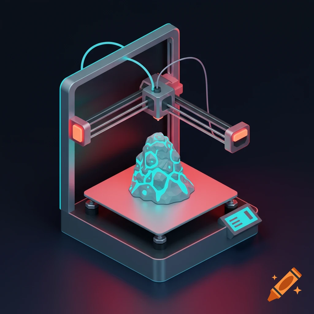 An isometric icon illustration of a 3D printer printing a glowing geometric rock.