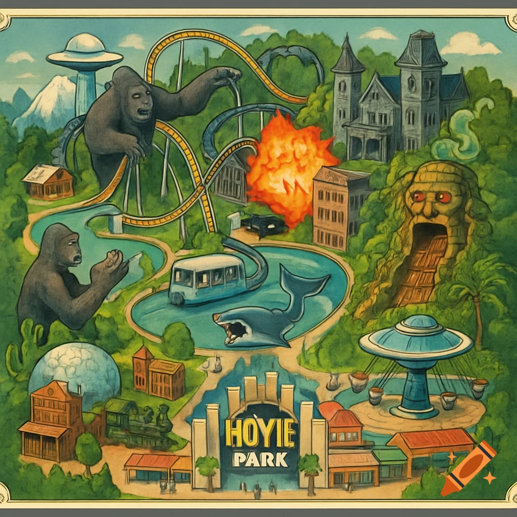 Illustration of a vintage theme park map with gorillas, rides, and attractions.