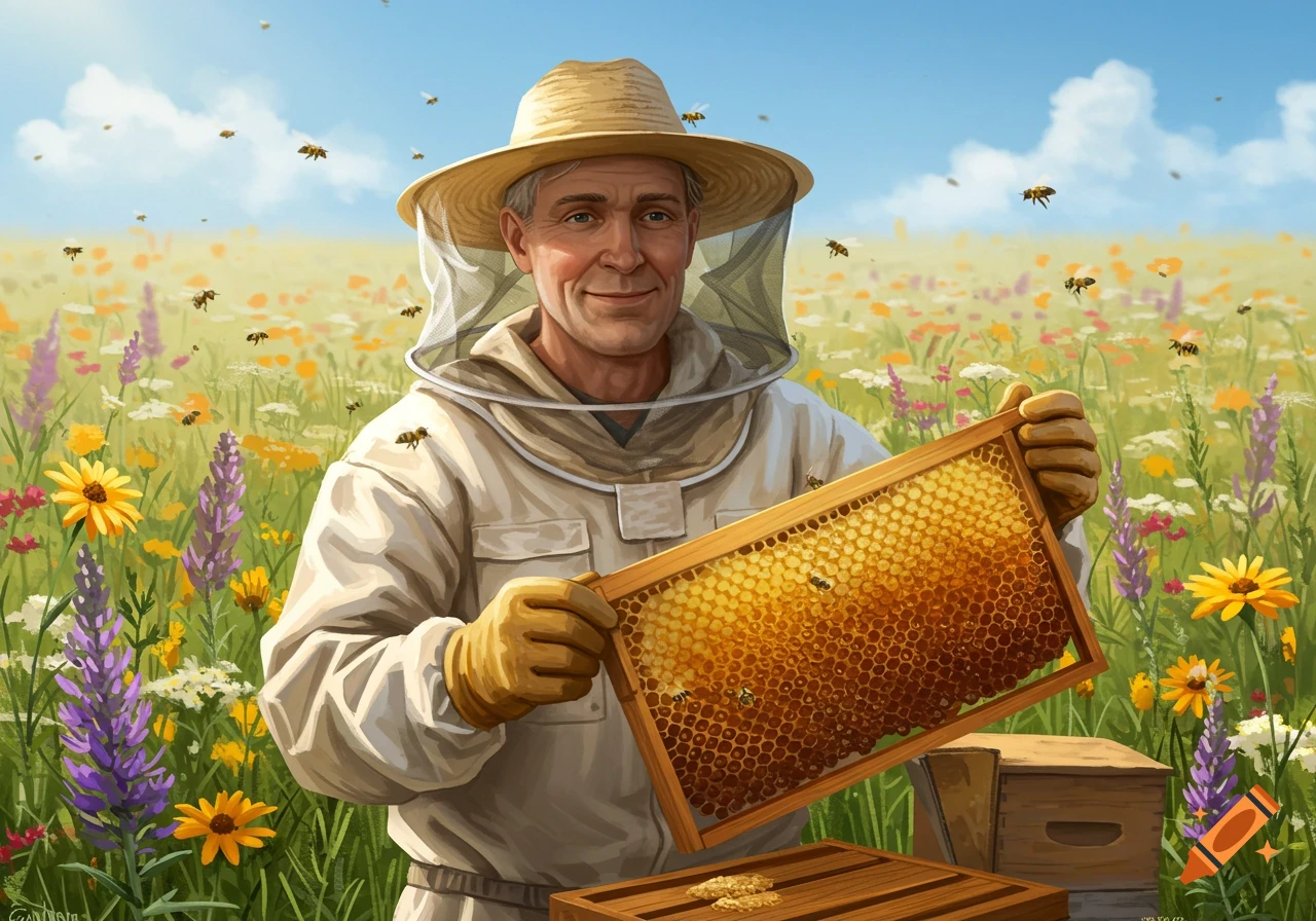 A beekeeper holds a honeycomb in a sunny field of flowers with bees flying.