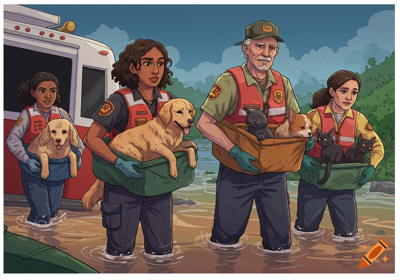 Illustrative image of people in vests wading through flood water, carrying dogs and cats in bags and carriers.