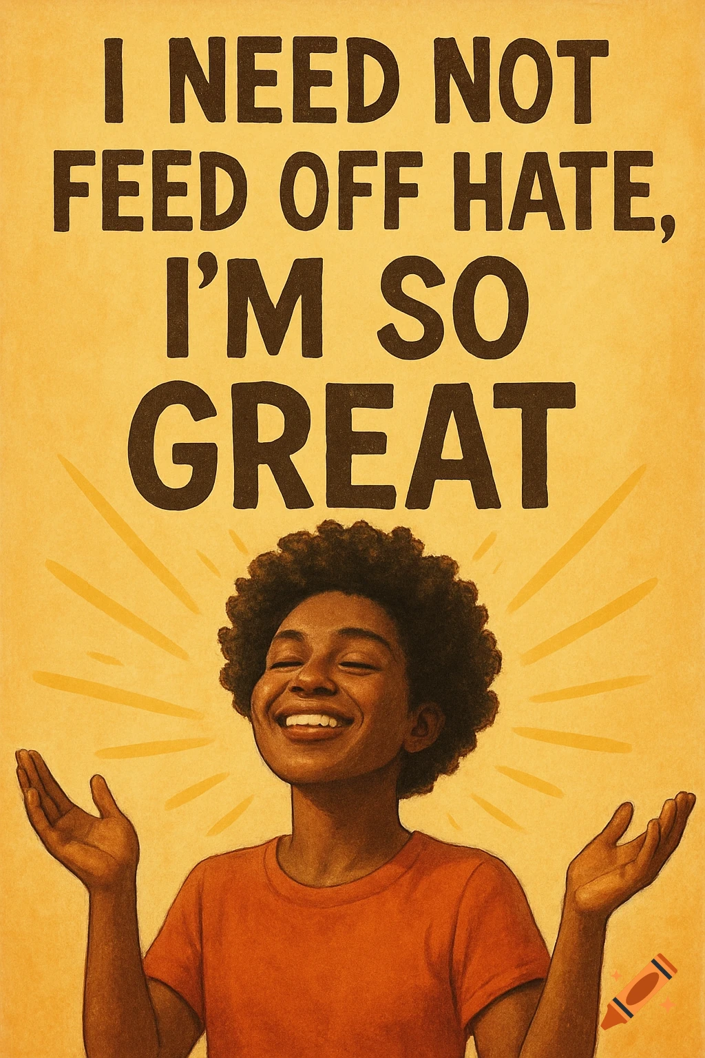 A person smiles with arms raised below the text 'I NEED NOT FEED OFF HATE, I'M SO GREAT'.