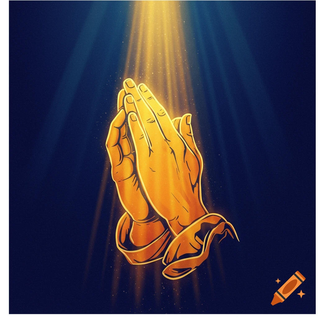 Golden praying hands under rays of light