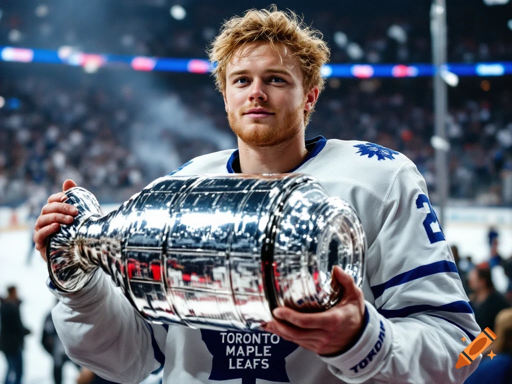 Hockey player holding a championship trophy on the ice