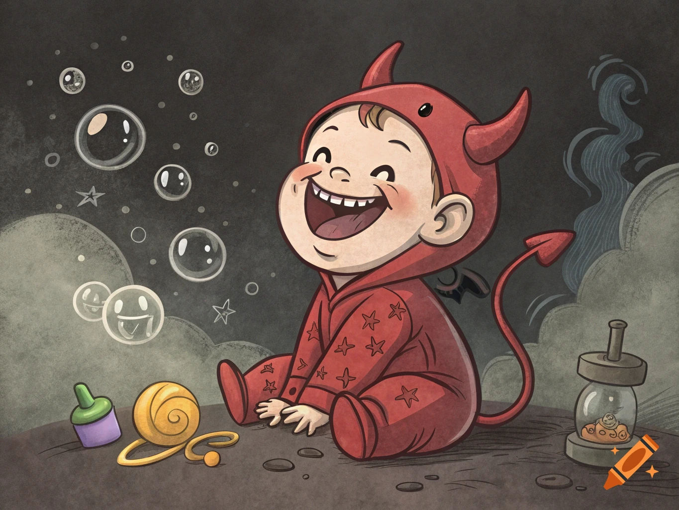 A cartoon baby in a red devil costume sits smiling among bubbles and toys.
