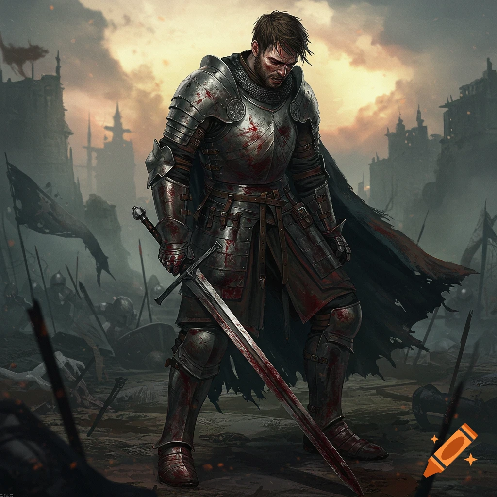 A blood-stained knight stands on a battlefield holding a sword.