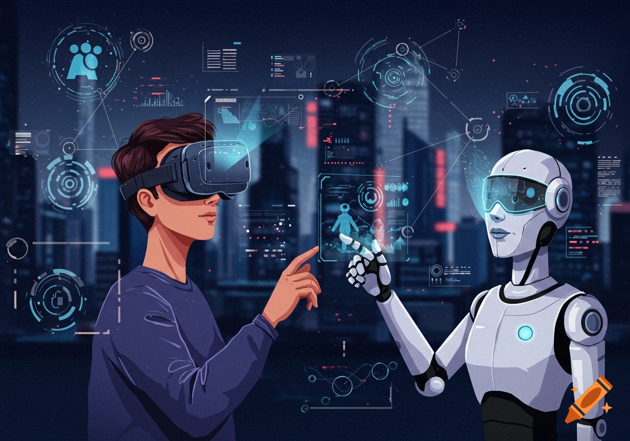 Illustrative scene of a person in VR interacting with a robot surrounded by futuristic UI in a city.