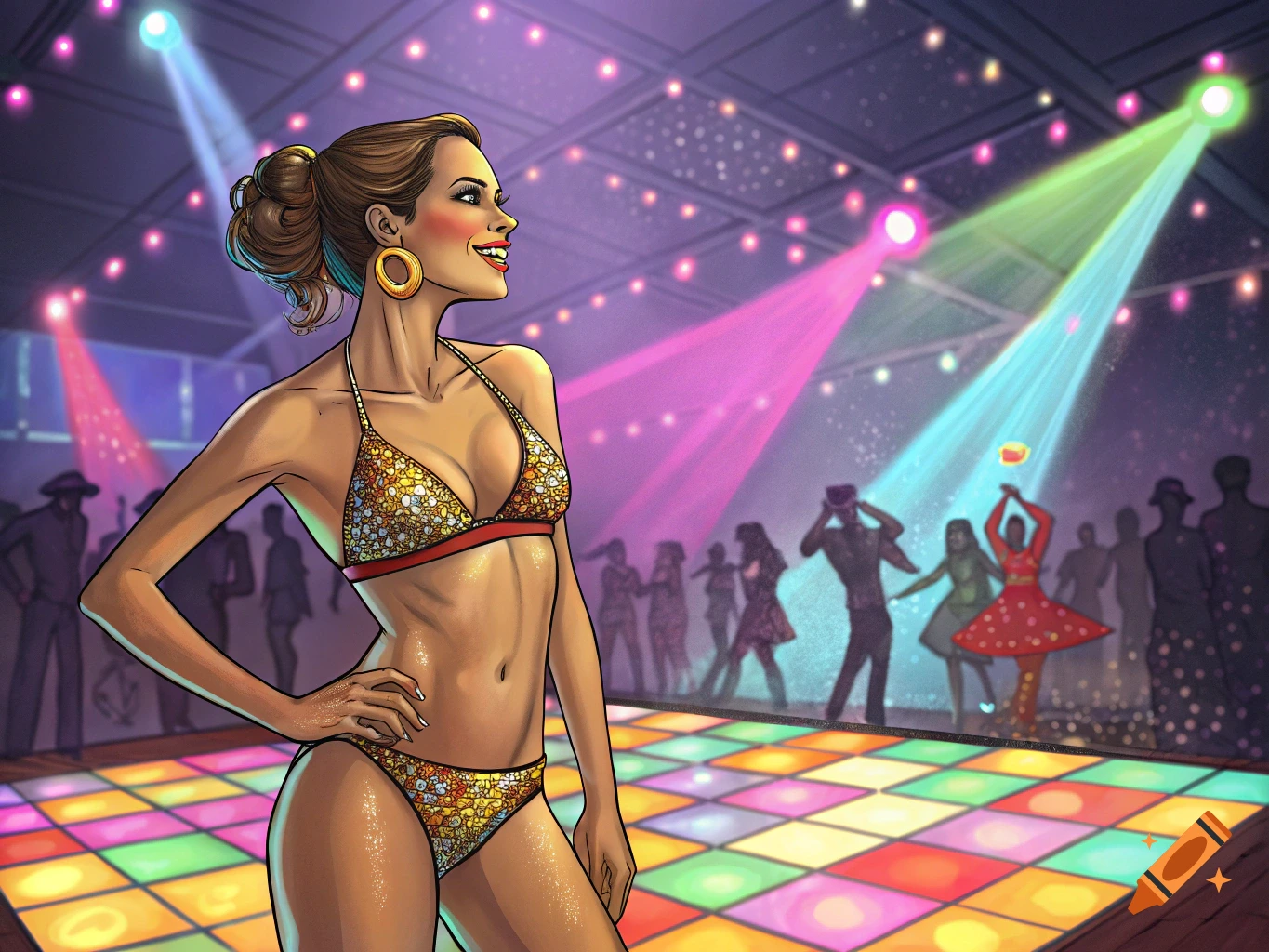 An illustration of a woman in a sequined bikini on a colorful disco dance floor at a lively club party.