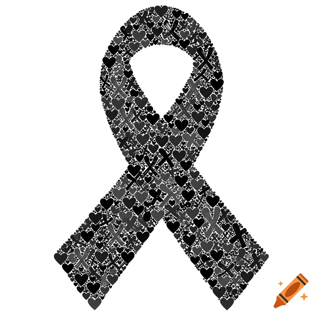 A black and grey ribbon shape made up of many small hearts and crosses.