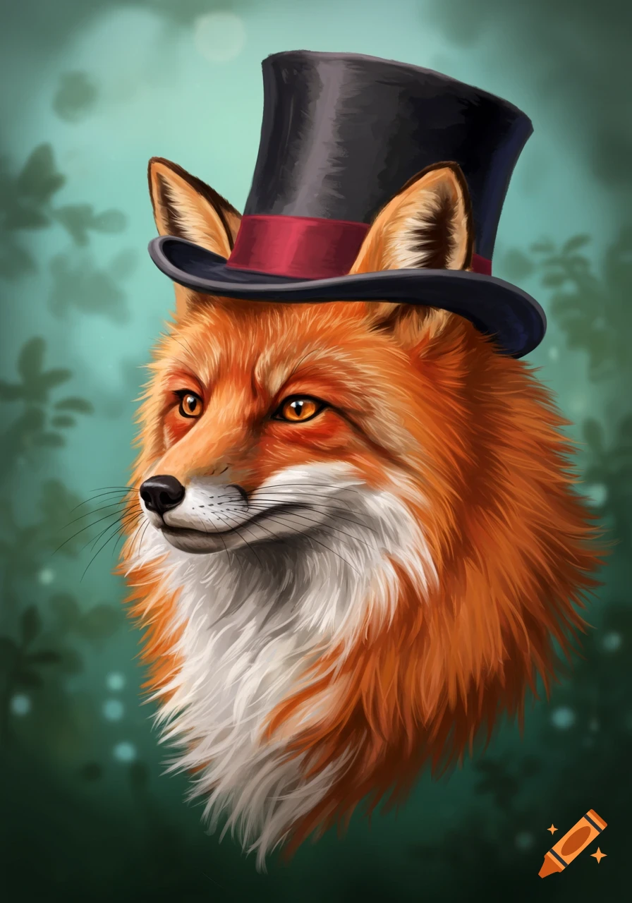 A digital painting of a fox wearing a black top hat with a red band.
