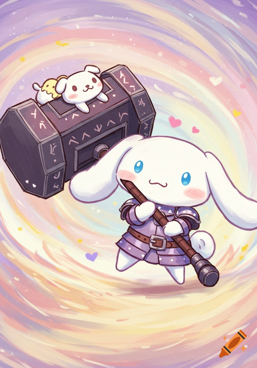 Cute anime illustration of Cinnamoroll dressed as a knight holding a large warhammer, with a small white character sitting on top.