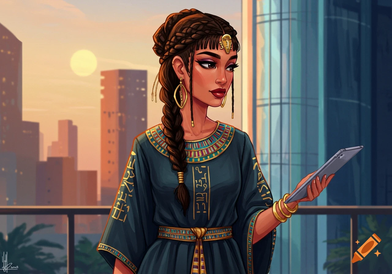 Illustration of a woman in Egyptian clothing standing on a balcony overlooking a modern city skyline at sunset.