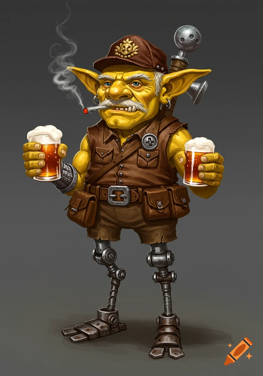A detailed illustration of a yellow goblin veteran with a mustache, smoking and holding two mugs of beer, wearing a cap and leather vest, standing on long mechanical legs.