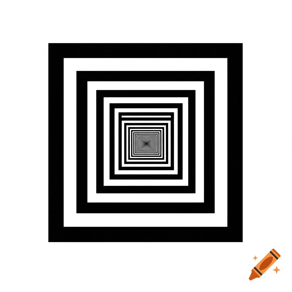 An abstract image of black concentric squares on a white background, creating an optical illusion of depth.