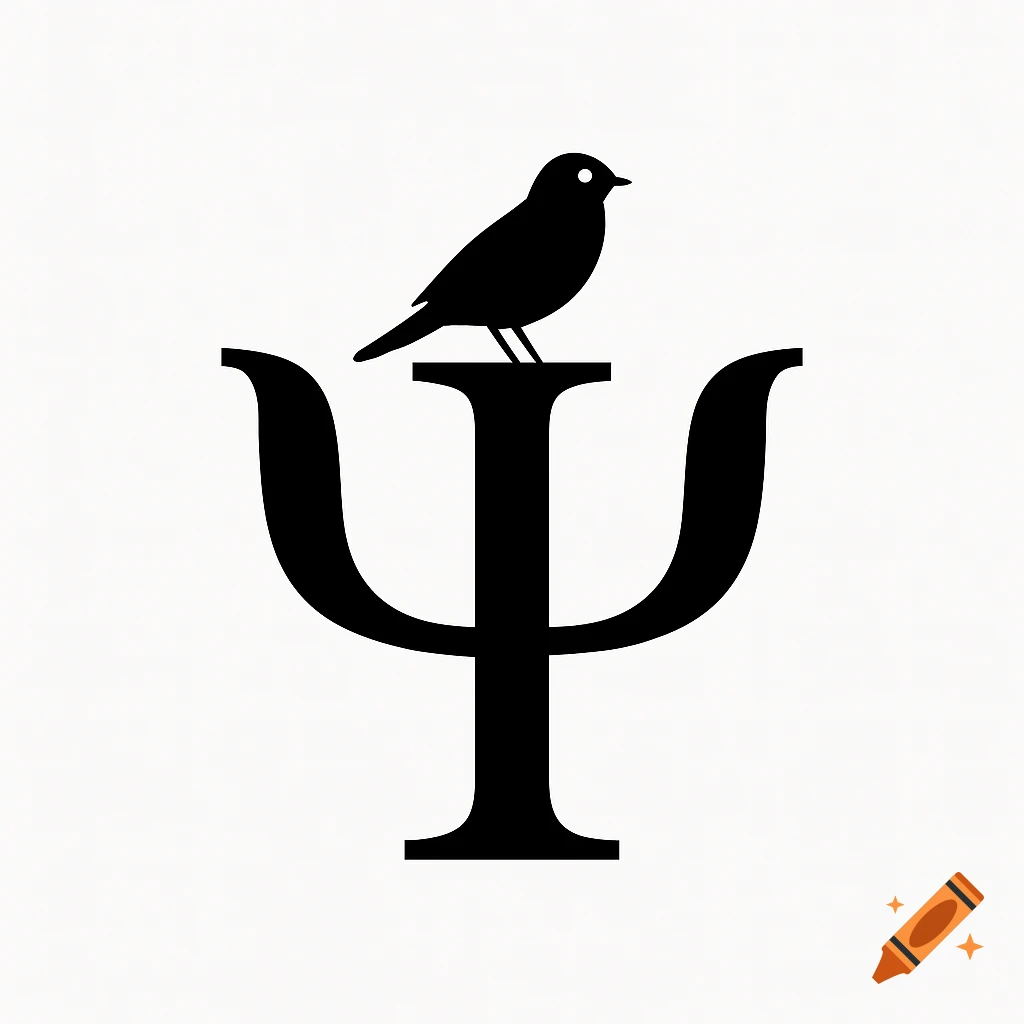 A black bird perched on a black Psi symbol on a white background.