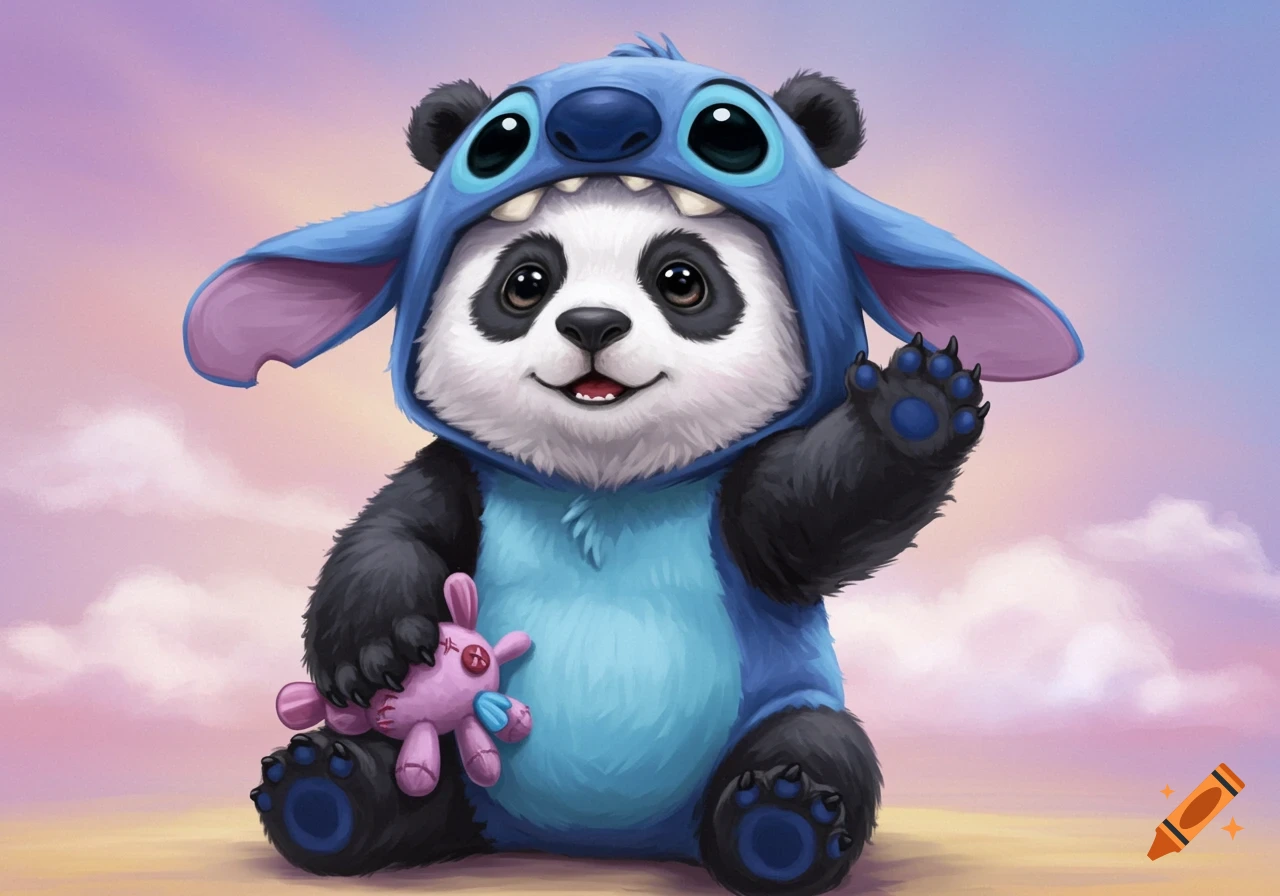 A cute baby panda wearing a blue Stitch costume waves while holding a pink stuffed toy.