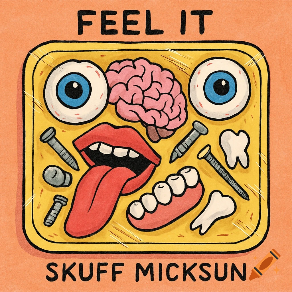 Hand-drawn cartoon illustration of a lunchable tray filled with stylized body parts, nails, and screws, with text 'FEEL IT' and 'SKUFF MICKSUN'.
