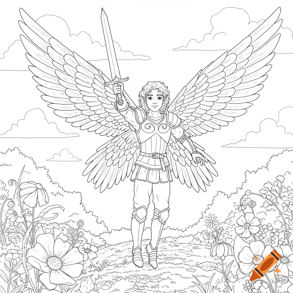Line art coloring page of a winged figure holding a sword in a flowery field.