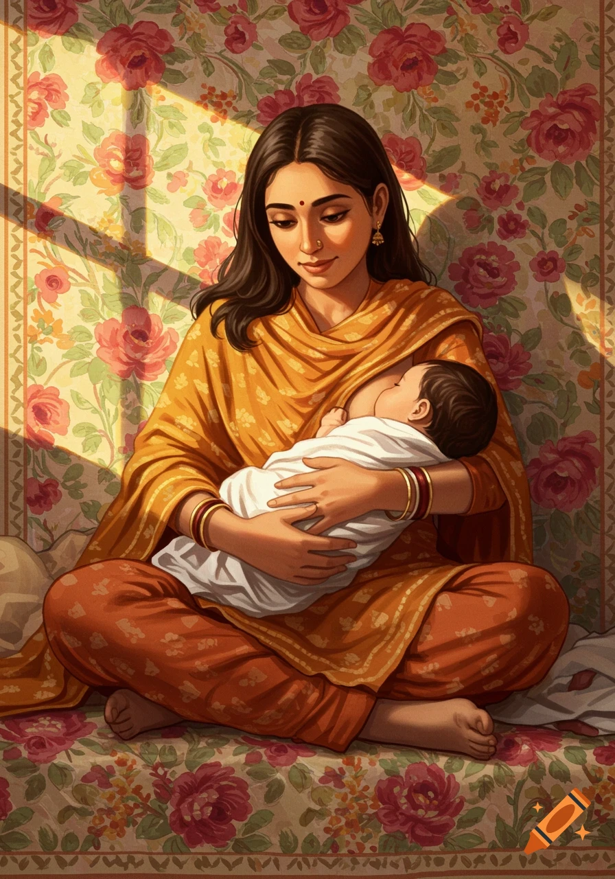 Painting of an Indian woman in traditional clothes breastfeeding a baby.